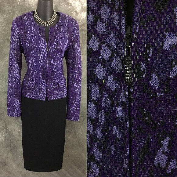 BEAUTIFUL st john evening knit purple black multi embellished skirt suit 6